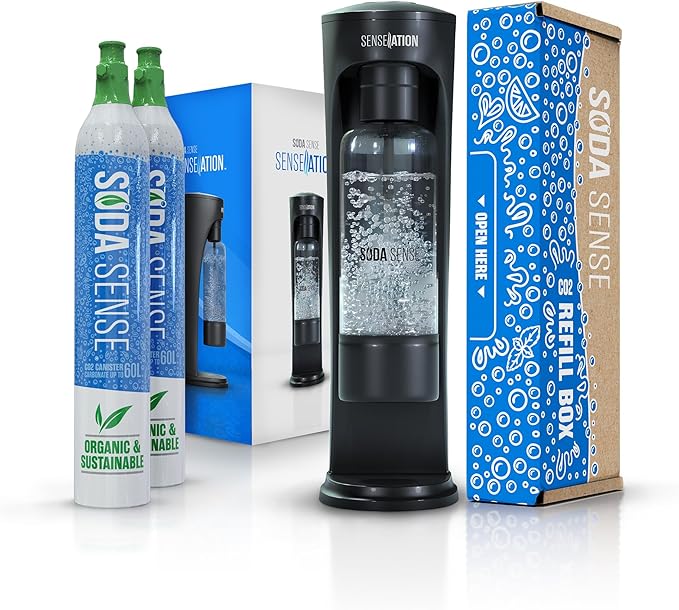 Soda Sense SENSEation Sparkling Water Maker Bundle, Includes Machine, 2 Threaded CO2 Canisters & Re-usable Carbonation Bottle