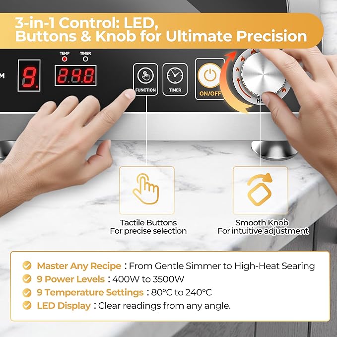 Commercial Induction Cooktop 3500W/220V, Professional Portable Countertop Burner, 9 Power/Temp Levels Dual Cooling Fans IPX4 Waterproof 72H Continuous Use, Overheat Protection