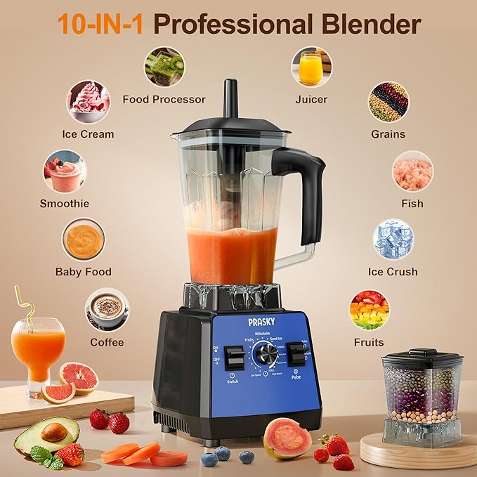Professional Blender,Smoothies Blenders, PRASKY Max.2400Watts/1000Watts Blender and Grinder Combo 25000RPM Powerful Kitchen 68oz BPA Free 2 Containers Countertop Blenders Ice Crushing (Blue)