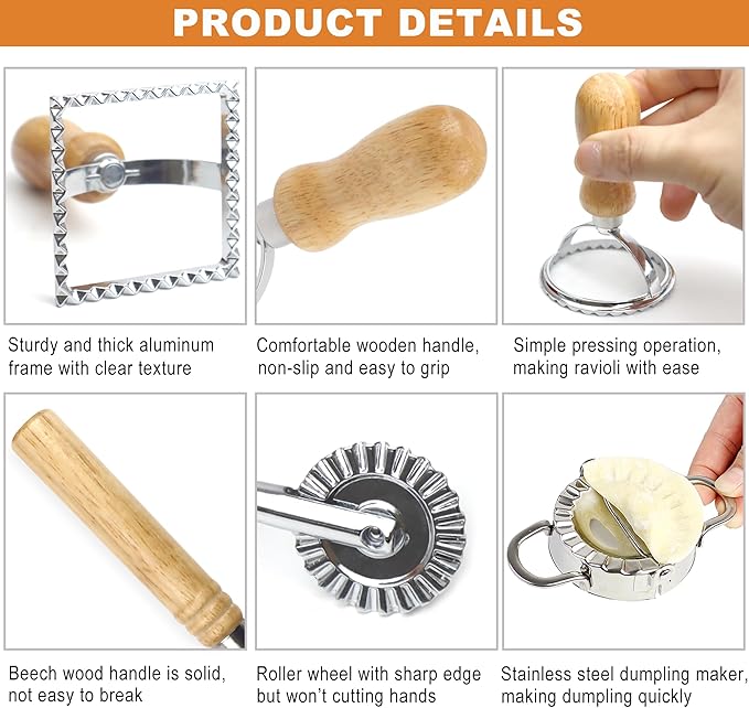 Ravioli Pasta Maker Cutter with Roller Wheel (Set of 6), Ravioli Cutter Set with Wooden Handle, Ravioli Press Pasta Maker Tools for Ravioli, Pasta Making Dumplings, Lasagna, Pierogi