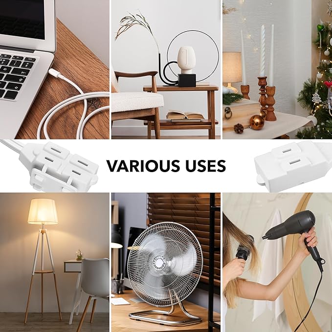 HBN 3-Pack 3 ft 3-Outlet Indoor Extension Cord 16/2 SPT-2, 2 Prong Polarized, Power Cord with Safety Plug Cap, for Homes, Kitchens & Offices, White