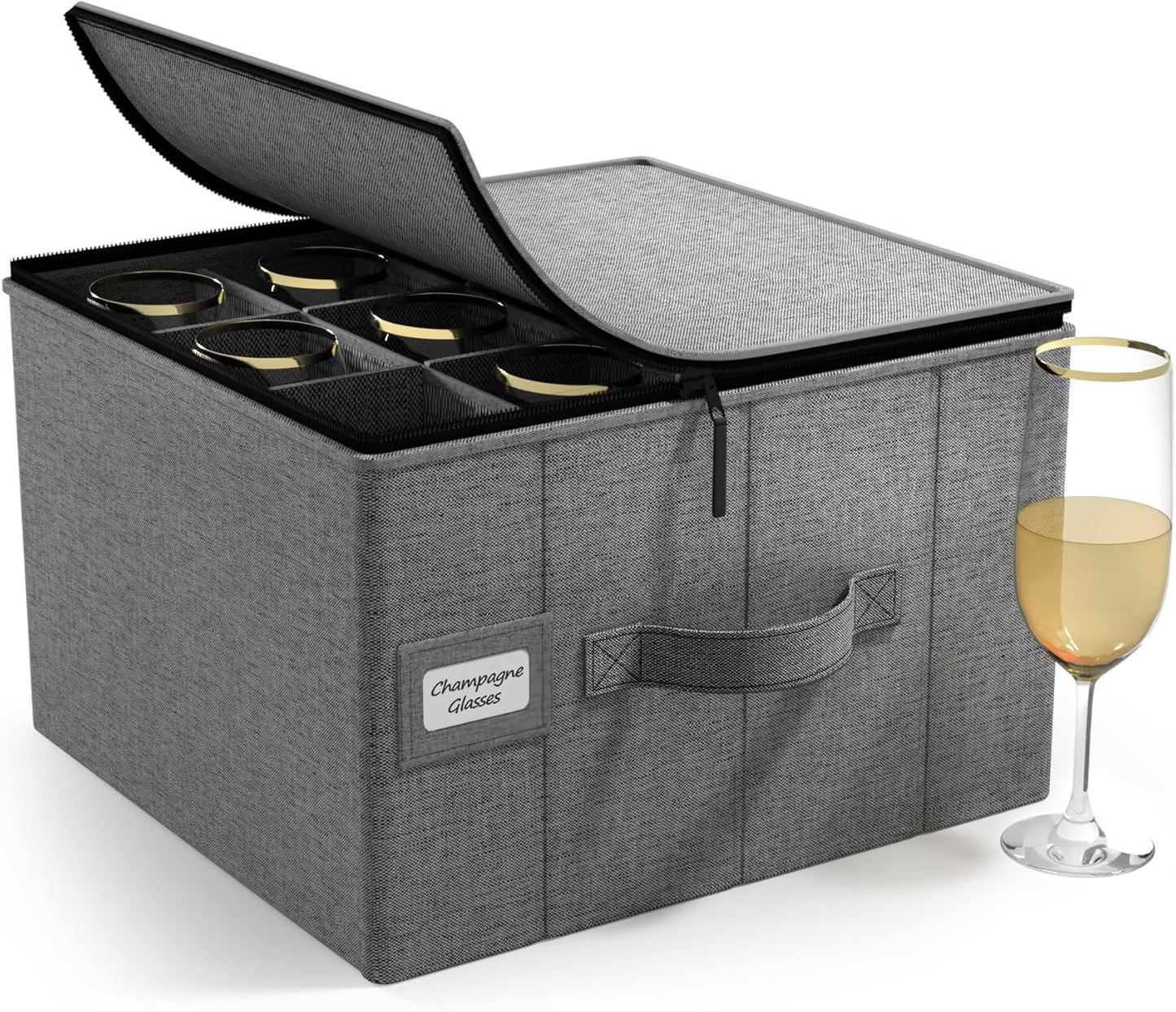 Sorbus China Storage Containers – Dinnerware Organizer for Champagne Flute Glasses with Lid (Holds Service for 12) with Felt Protectors – 13" x 10" x 10.6"