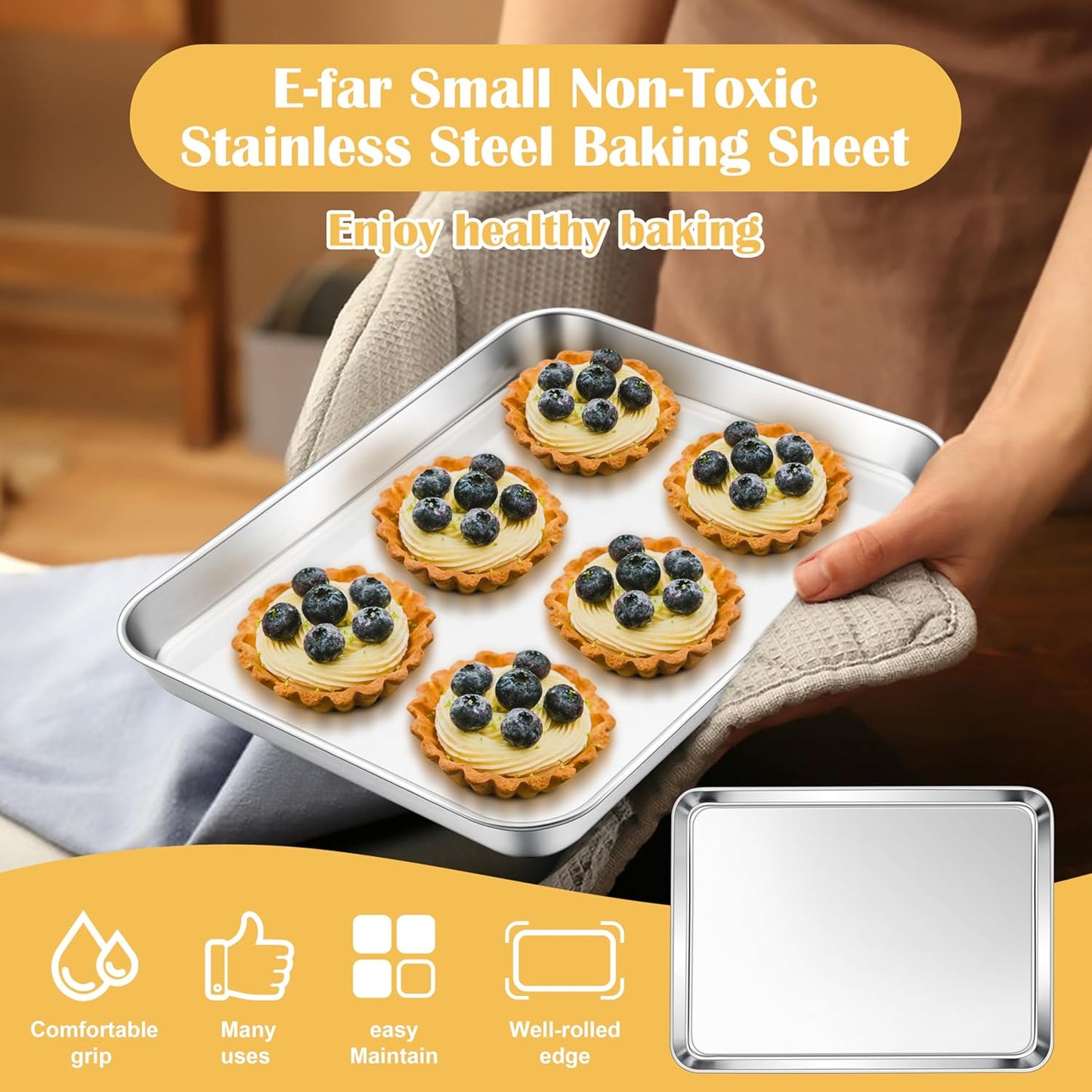 E-far Small Baking Sheet Set of 2, 10.5”x8.3” Stainless Steel Cookie Sheets Pans, Compact Non-toxic Metal Toaster Oven Trays for Cake, Healthy & Rust Free, Mirror Finish & Dishwasher Safe