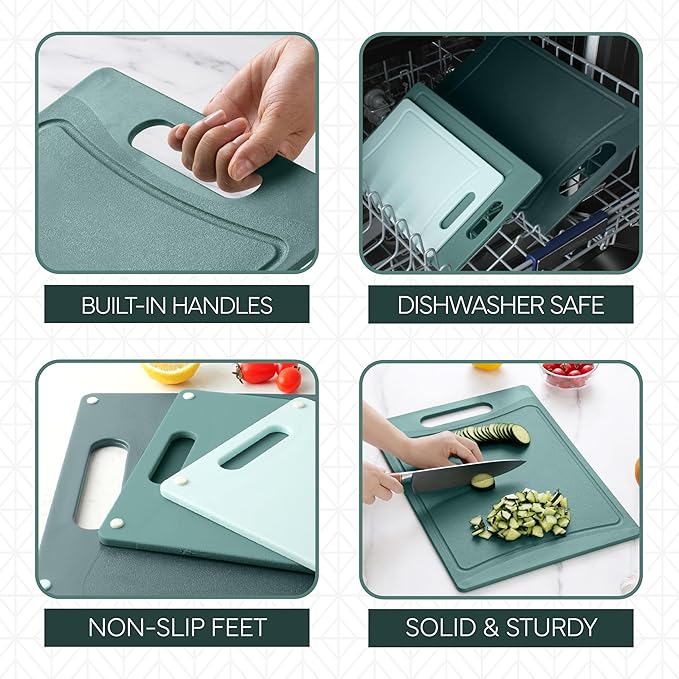 COOK WITH COLOR Non-Slip Cutting Board Set – Kitchen Essentials with Easy Grip Handle for Meat, Veggies, and Fruits, 3 Cutting Boards, Teal