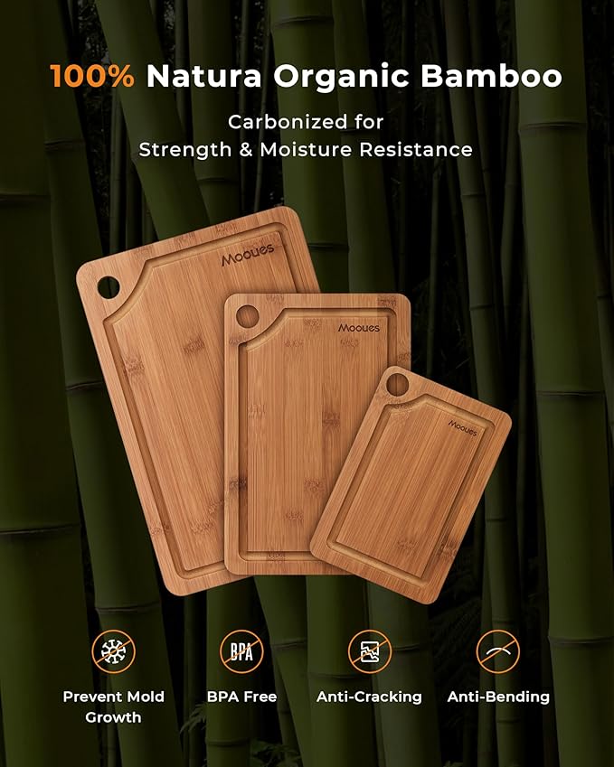 Deep-Carbonized Bamboo Cutting Board for Kitchen, Wooden Cutting Boards Set 3-Piece with Juice Groove, Durable Chopping Boards for Meat, Vegetables, Fruits, Cheese – Multi-Purpose, Knife-Friendly