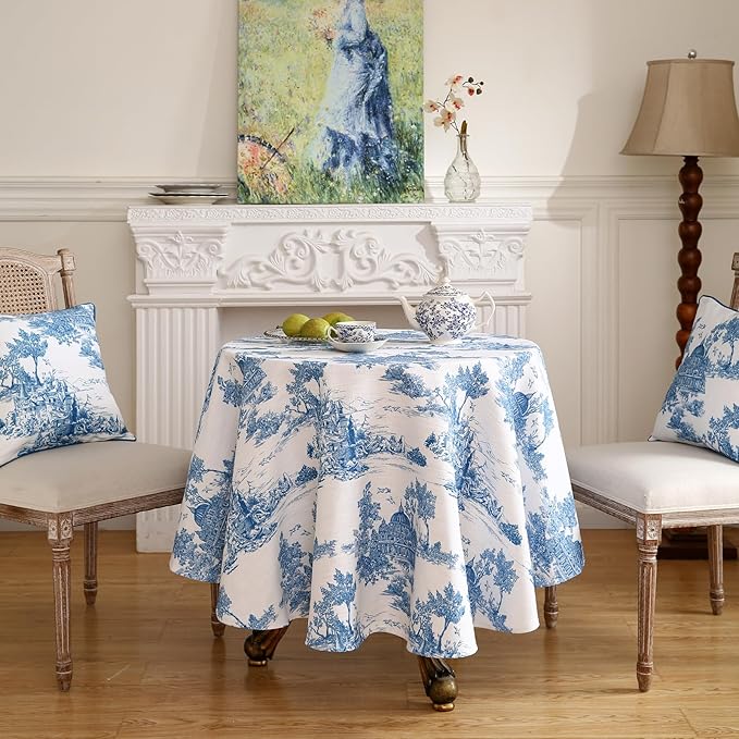 patdrea Designer Cyan Tablecloth for Round Tables,Vintage Linen with Ancient Castle and Manor Pattern Tablecloths,Elegant Table Cover Cloth Decor for Kitchen Dining Christmas,55"*55"