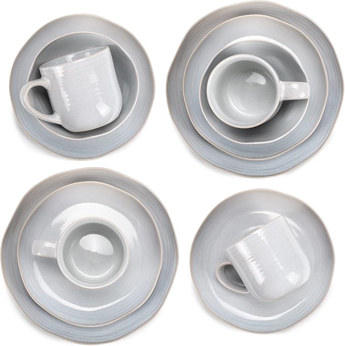 Elanze Designs Reactive Glaze Farmhouse Rustic Boho Ceramic Stoneware Dinnerware 16 Piece Plate Bowl Mug Dish Set - Service for 4, Pale Grey