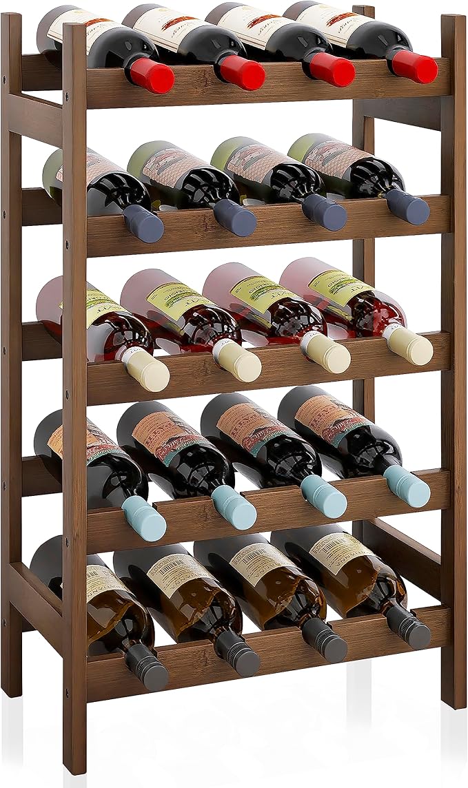 SMIBUY Bamboo Wine Rack, 20 Bottles Display Holder, 5-Tier Free Standing Storage Shelves for Kitchen, Pantry, Cellar, Bar (Walnut)