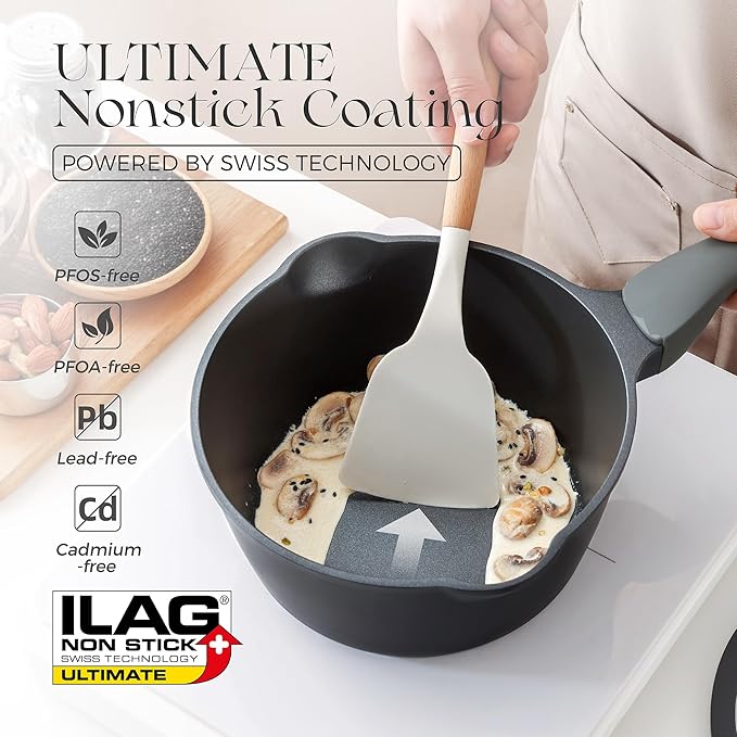 PRICUSIS Nonstick Saucepan with Lid, 2.7 Quart Non Toxic Pot with Pour Spouts, Full Coated, 100% Dishwasher Safe, Induction Compatible & Oven Safe, PTFE & PFOA Free, Black Sesame