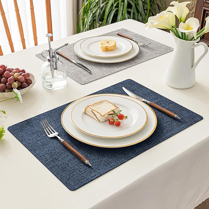 Romanstile Reversible Vinyl Placemats Set of 4, Faux Leather 100% Waterproof Oil-proof Wipeable Place Mats, Heat Resistant Dual Sided Table Mats for Kitchen/Dining/Party (Grey Nave Blue, 12 x 17 Inch)