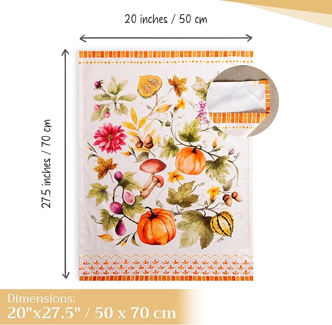 Maison d' Hermine Kitchen Towels Set of 3 100% Cotton 20" x 27.5" Reusable Cloth Tea Dish Towels Absorbent with Hanging Loop for Thanksgiving Christmas Decorations (Pumpkin Garden - Cloudy Cream)