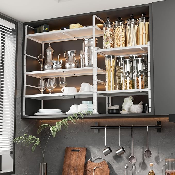 16.5~27.1" Expandable Shelf Organizer, 2Pack 10.2" Wide Stackable Cabinet Shelf Organizers, White Metal Sturdy Kitchen Counter Storage for Countertop, Adjustable Height Spice Rack