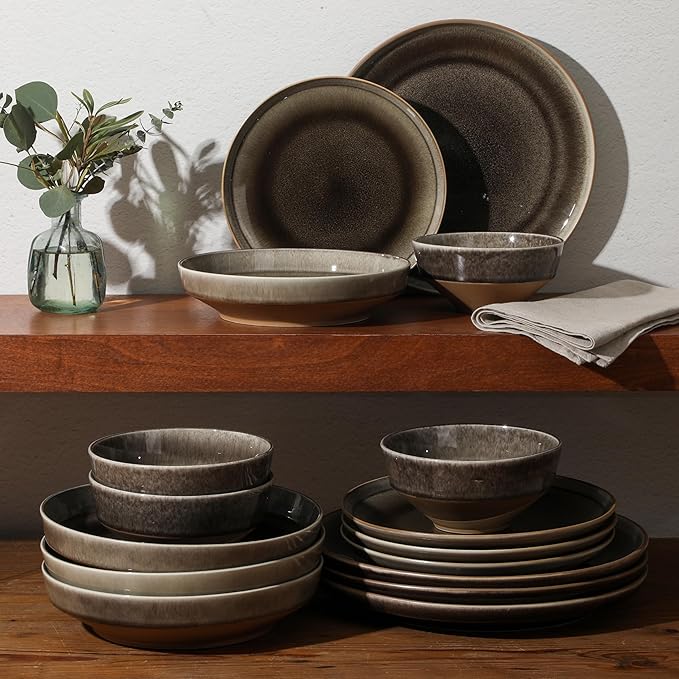 Gibson Elite Hailstone 16 Piece Stoneware Reactive Glaze (Service for 4) Ceramic Plates and Bowls Dinnerware Set - Black