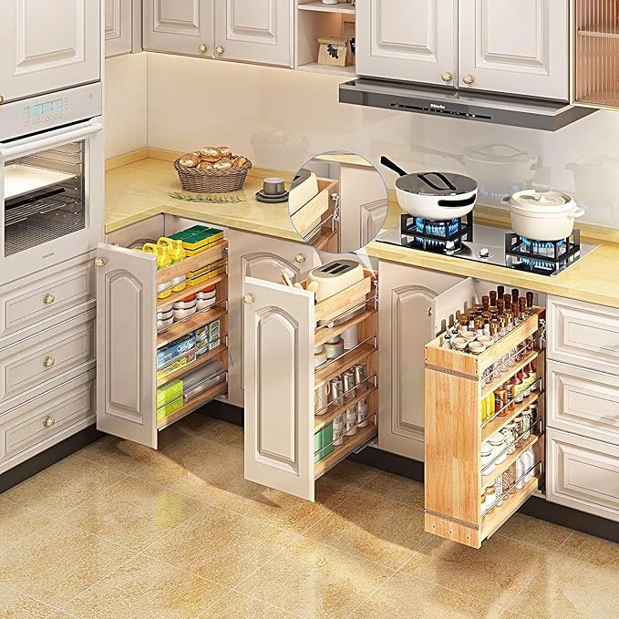 DINDON Pull Out Spice Rack Organizer for Cabinet, (6.5" W x 21.9" D x 25.2" H) Multi-Use Wood Pull Out Cabinet Organizer Slide Out Shelf Cabinet Storage for Kitchen, Pantry Organization