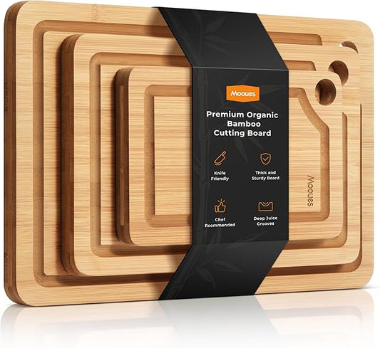 Carbonized Bamboo Cutting Board for Kitchen, Knife-Friendly Wooden Cutting Boards Set 3-Piece with Juice Groove, Durable Chopping Boards for Meat, Vegetables, Fruits, Cheese(Natural)