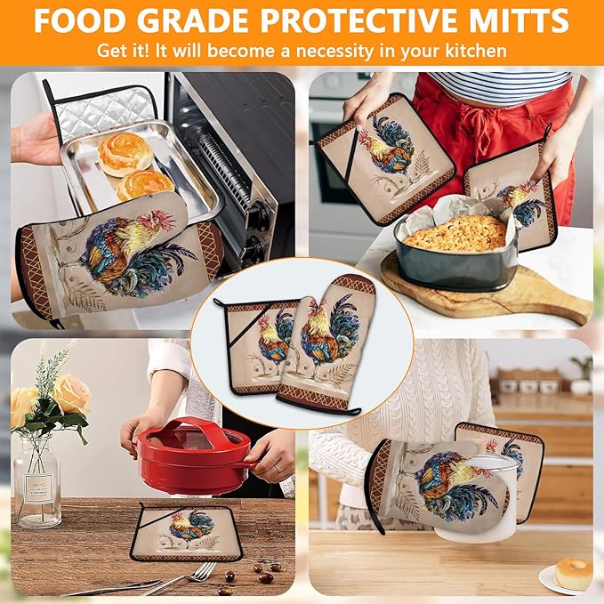 Rooster Oven Mitts and Pot Holders Sets 4Pcs,Extra Long Oven Gloves Potholder for Kitchen Cooking Baking BBQ 100% Cotton Heat Resistant