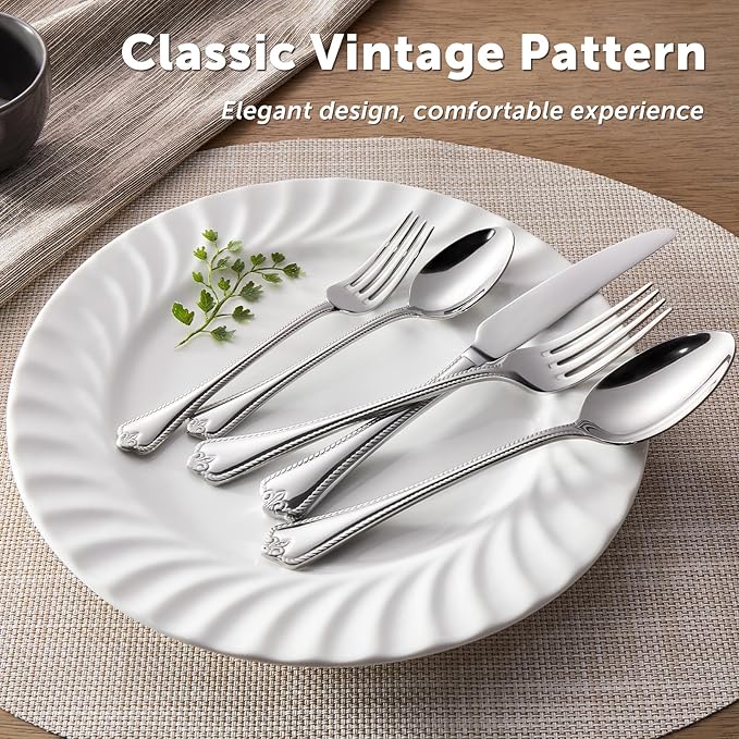 KINGSTONE Silverware Set, 60-piece 18/10 Stainless Steel Flatware Set Cutlery Set for 12, for Kitchen, Home, Wedding, Party, Mirror Polished and Dishwasher Safe, Featured Gifts