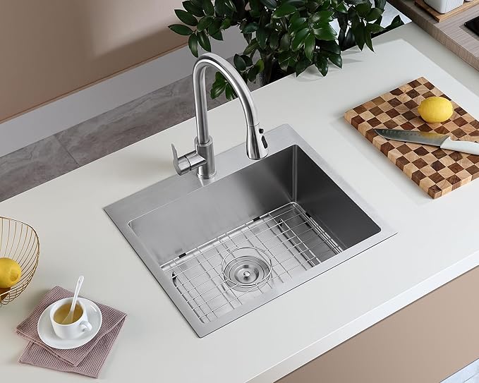 MENATT 21 x 18 inch Drop in Kitchen Sink, 18 Gauge Stainless Steel Single Bowl Topmount Kitchen Sink with Drain Assembly & Grid, Brushed Nickel