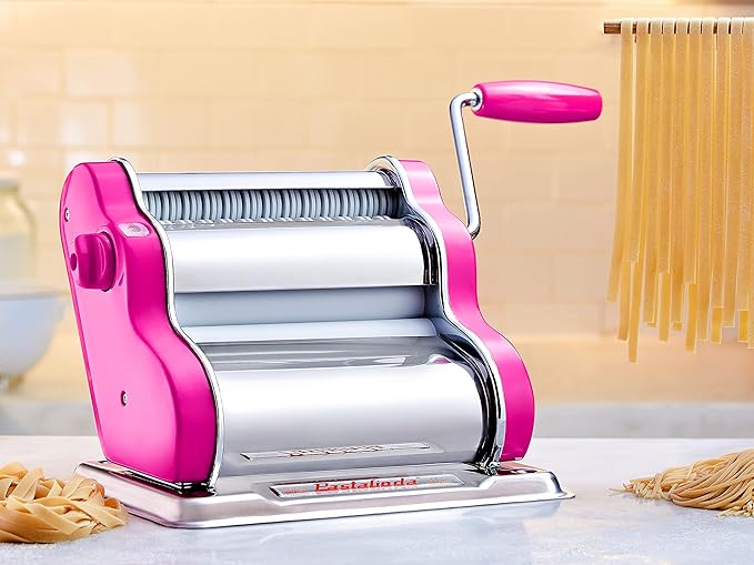 PASTALINDAClassic 200 Pasta Maker Machine, 20 cm Wide Rollers, 9 Thickness Positions, 2 Cutting Positions, Stainless Steel. Includes Reinforced Hand Crank And Two Clamps (Fuchsia)
