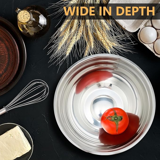 5 Piece Mixing Bowl Set, Mixing Bowls with Lid, Stainless Steel Mixing Bowls for Baking, Size 1.5, 2.1, 3.5, 4, 4.5QT, Baking Bowl for Food Preparation, Mixing and Serving Foods