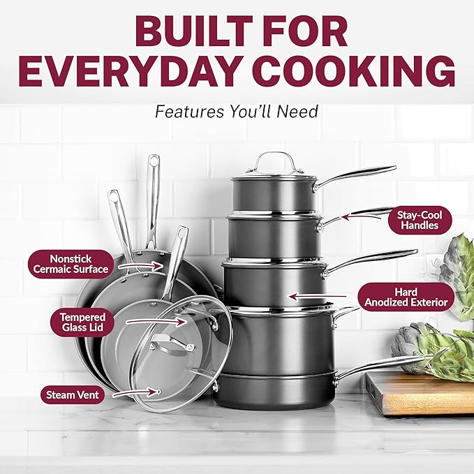 Granitestone 13 Pc Ceramic Pots and Pans Set Non Stick, Kitchen Cookware Sets, Pot and Pan Set Nonstick, Anodized Non Toxic Ceramic Cookware Set, Non Stick Pots and Pan Set, Oven & Dishwasher Safe
