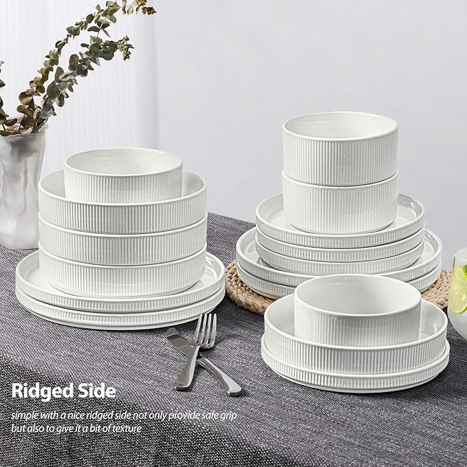LIANYU Dinnerware Sets with Pasta Bowls for 4, 16 Piece Stoneware Plates and Bowls Set, Ribbed Dishes Dishware for Home Kitchen, Microwave and Dishwasher Safe, Speckled White