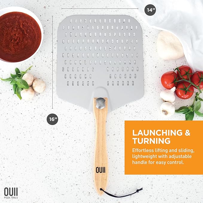 Perforated Pizza Peel - 16 x 14-inch Aluminum Spatula Paddle for Extra Large Pizzas. Foldable Wood Handle for Easy Storage, Pizza Oven Accessories. Premium Tool for Baking Homemade Pizza Pies.