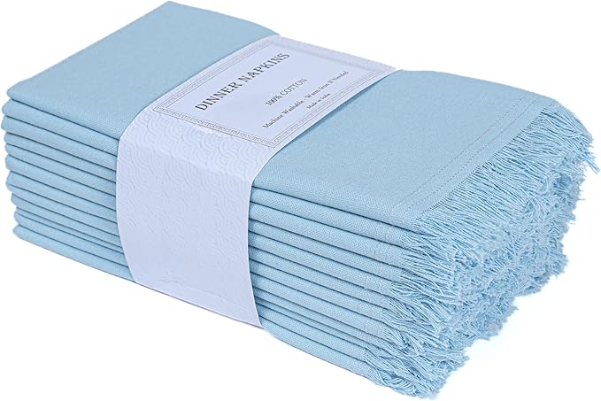 Bedding Craft Cotton Cloth Dinner Napkins Set of 12 – 18x18 Airy Blue with Fringed Corners – Machine Washable Fabric Napkins for Weddings, Baby Showers, Parties & Table Décor