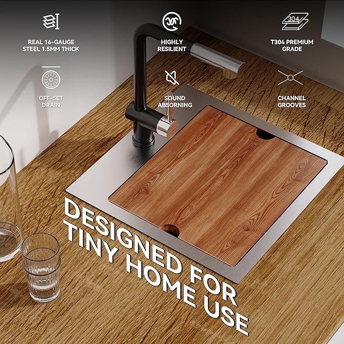 TORVA Kitchen Bar Sink, 15x15 inch RV Kitchen Sink, 16 Gauge Stainless Steel Topmount Single Bowl Sink with Cutting Board - 6 Inches Deep Bar/Prep Basin