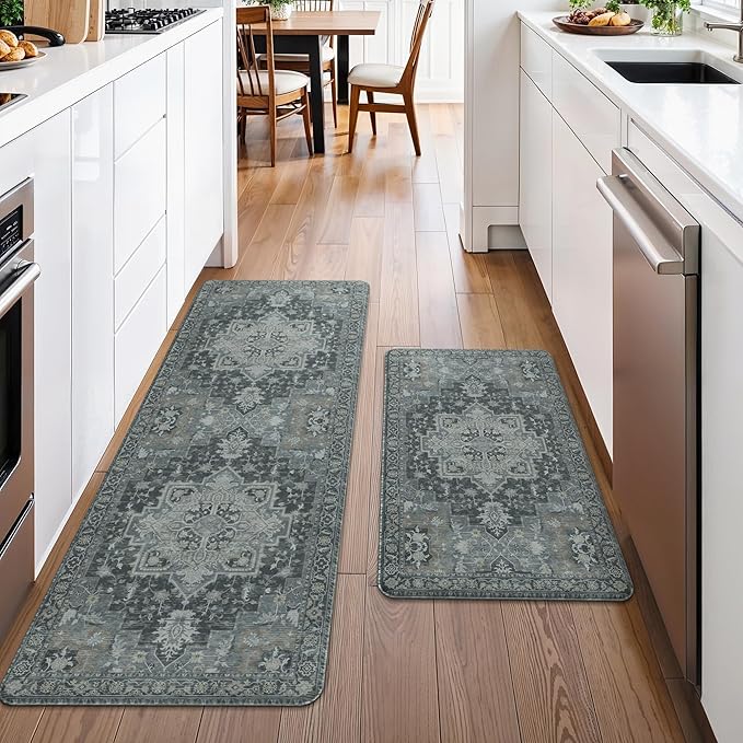 GENIMO Kitchen Mats for Floor 2PCs, Washable Anti Fatigue Mat for Cushioned, 17.3"x47"+17.3"x30", Waterproof Kitchen Rugs, Non Slip Comfort Standing Mat Rug for Home, Sink, Laundry, Dark Gray