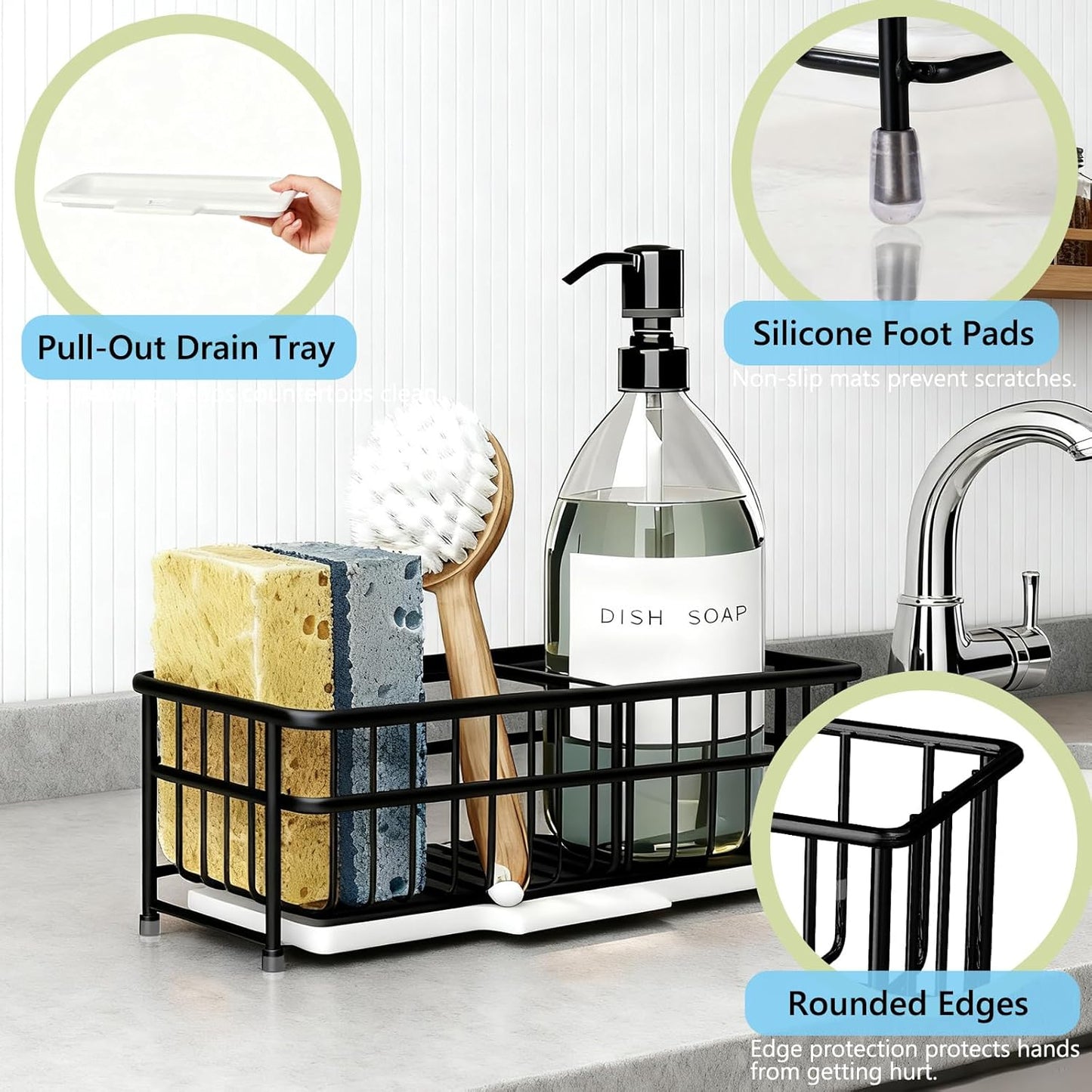 Kavciva Sink Caddy Sponge Holder,304 Stainless Steel Dish Brush Holder,Kitchen Countertop Sink Rack,Dish Soap Holder,Dishwashing Tool Drying Tray with Adjustable Partitions,Essential Kitchen Shelves