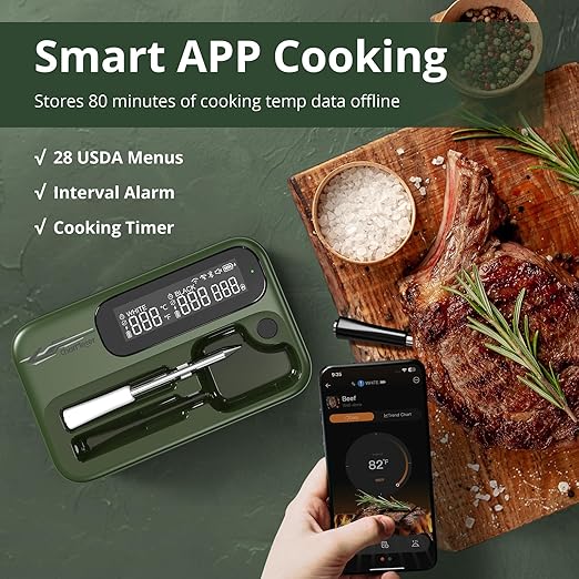 Wireless WiFi Meat Thermometer Digital, Versatile Unlimited Remote Range,Smart Bluetooth Cooking Thermometer with 2 Size BBQ Probes, Flexible Alarm APP LCD Screen for Grill, Air Fryer, Smoker and Oven