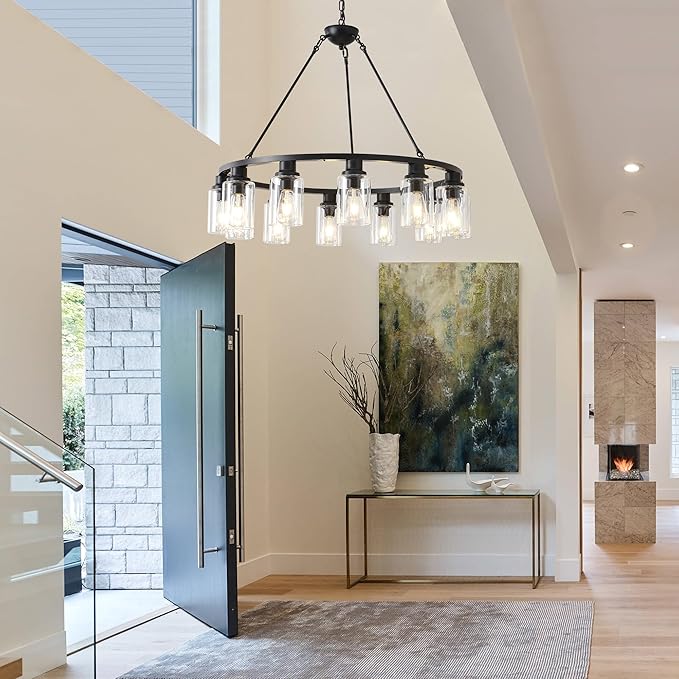 32“ Black Wagon Wheel Chandelier, 12-Light Farmhouse Glass Pendant Lights Kitchen Island Round Hanging Lighting fixtures Ceiling for Living Room, Dining Room, Kitchen Island, Entryway, Foyer