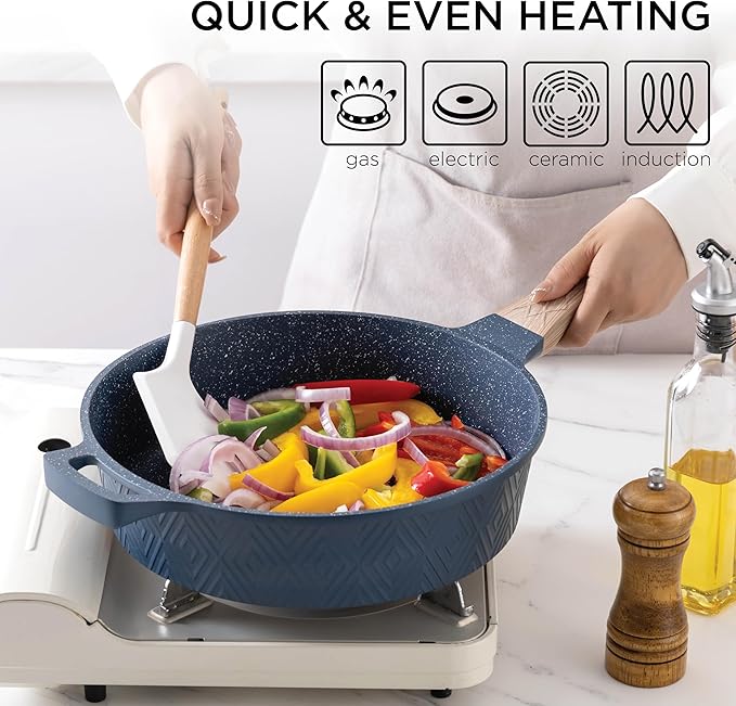 Country Kitchen Non-Stick Cast Aluminum Cookware Set - Durable Kitchen Cookware for Everyday Cooking, Navy, 11 Pc.