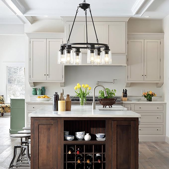 24“ Black Wagon Wheel Chandelier, 6-Light Farmhouse Glass Pendant Lights Kitchen Island Round Hanging Lighting fixtures Ceiling for Living Room, Dining Room, Kitchen Island, Entryway, Foyer