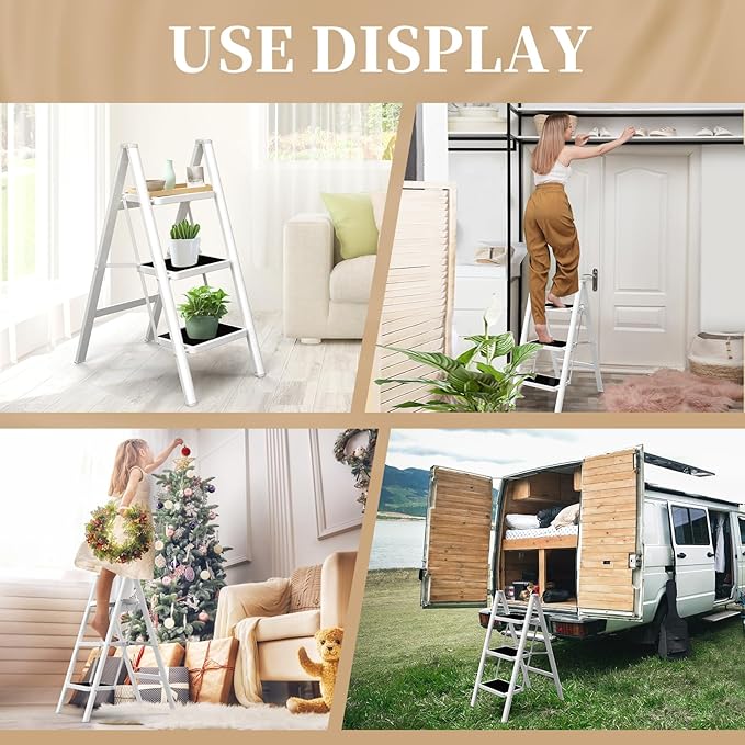 HBTower 3 Step Ladder Folding Step Stool, 330 Lbs Capacity Step Stool for Adults, Closet Step Stool Ladder with Anti-Slip Wide Pedals Household Office, White