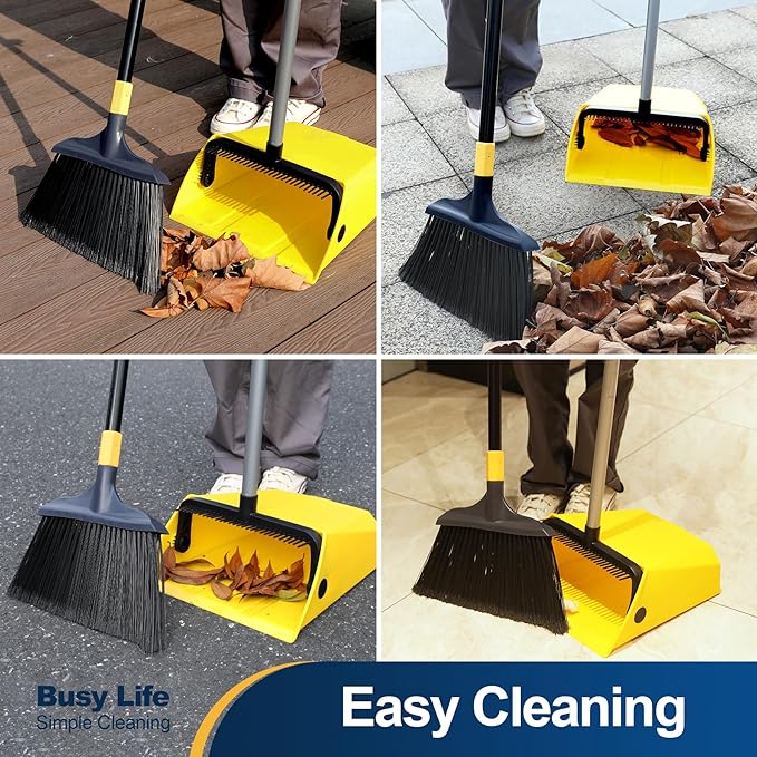 Yocada Commercial Broom and Dustpan Set 2 Plus 1 Set with Comb Commercial Outdoor Indoor for Courtyard Garage Lobby Mall Market Floor Home Kitchen Room Office Pet Hair Rubbish