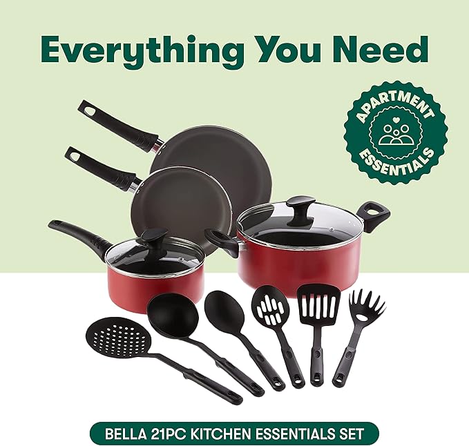 BELLA Cookware Set, 12 Piece Pots and Pans with Utensils, Nonstick Scratch Resistant Cooking Surface Compatible with All Stoves, Nylon and Aluminum, Red