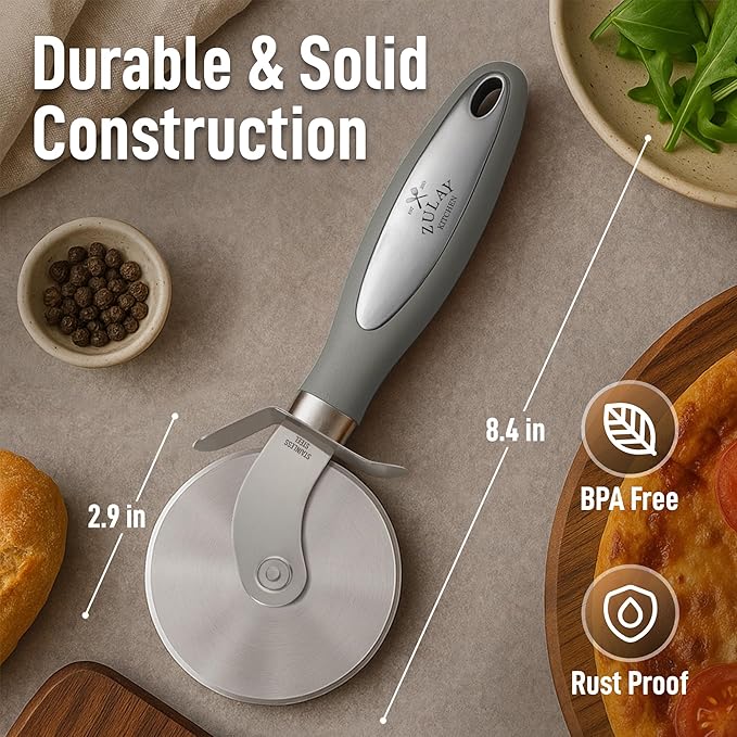 Zulay Kitchen Premium Pizza Cutter - Durable Stainless Steel Pizza Cutter Wheel - Easy-to-Clean, Easy-to-Use Pizza Slicer - Super Sharp with Non-Slip Handle - Dishwasher Safe Pizza Wheel (Grey)