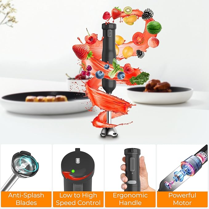 Rosewill 6-in-1 Multi-Speed Cordless Rechargeable Immersion Hand Blender, Heavy Duty Motor - Stick Blender, Beaker, Whisk, Chopper, Dual Beater, Milk Frother - For Smoothies, Baby Food, Soup (Black)