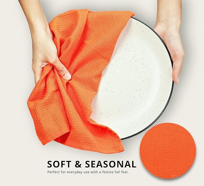 PurpleEssences Waffle Weave Kitchen Towel, 100% Cotton - 15x25 Inches, with Hanging Loop Ultra Soft Absorbent Quick Drying Dish Cloth, Tea and Hand Towels, 6 Pack - Christmas Holiday Winter - Orange