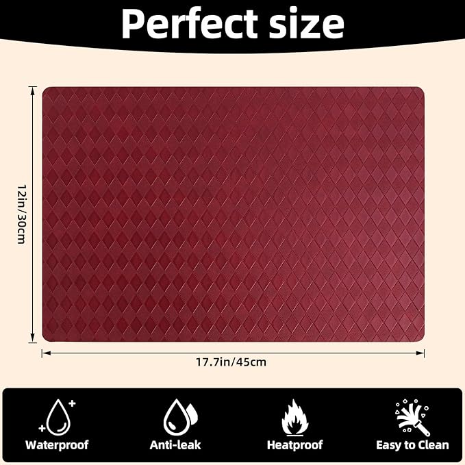 Vinyl Placemats Set of 6-12×17.7 Inch Waterproof & Heattable Placemats, Fall Faux Leather Wipeable Outdoor Table Mat for Dining, Kitchen, Indoor Outdoor Use (Grenadine Red, Diamond pattern)