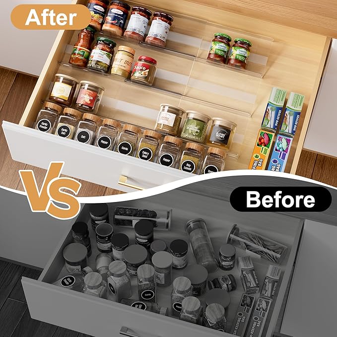 8-Pack Spice Drawer Organizer, Expandable Acrylic Seasoning Rack (13" to 26") with Anti-Slip Mat, Kitchen Spice Rack Tray Holds up to 56 Jars (Jars Not Included)