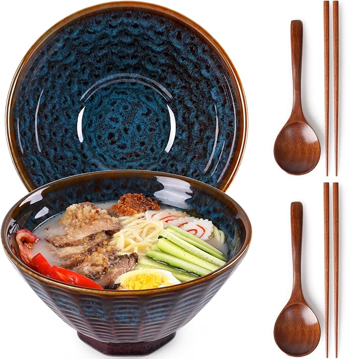 NUTRIUPS Ceramic Ramen Bowl Set of 2 Noodles Bowl with Chopsticks and Spoons, 50oz Large Ramen Bowl- Peacock Tail