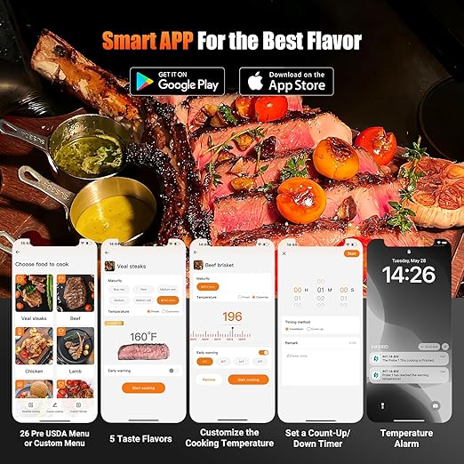 4-Probe WiFi Wireless Meat Thermometer with 360°Readable LCD Standalone Base, WiFi and Bluetooth 5.3 Unlimited Range, IPX8 Waterproof Food Kitchen Thermoemter for BBQ, Grill, Smoker, Oven, Rotisserie