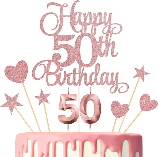 50th Birthday Cake Decorations, 50th Birthday Candles Cake Numeral Candles and Glitter Happy 50th Birthday Cake Toppers Set for Birthday Party Supplies (Rose Gold)