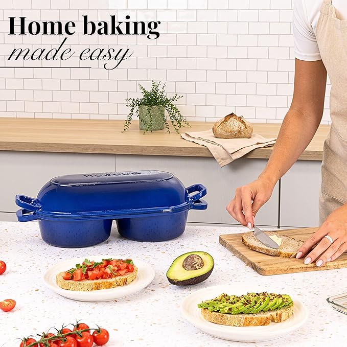 Dutch Oven For Sourdough Bread Baking – Enamelled Cast Iron Bread Loaf Pot – 500°F Oven Safe Non Stick Bread Pot – Double Round Loaf Space, 16.5cm Diameter, Dark Blue, – by Nuovva
