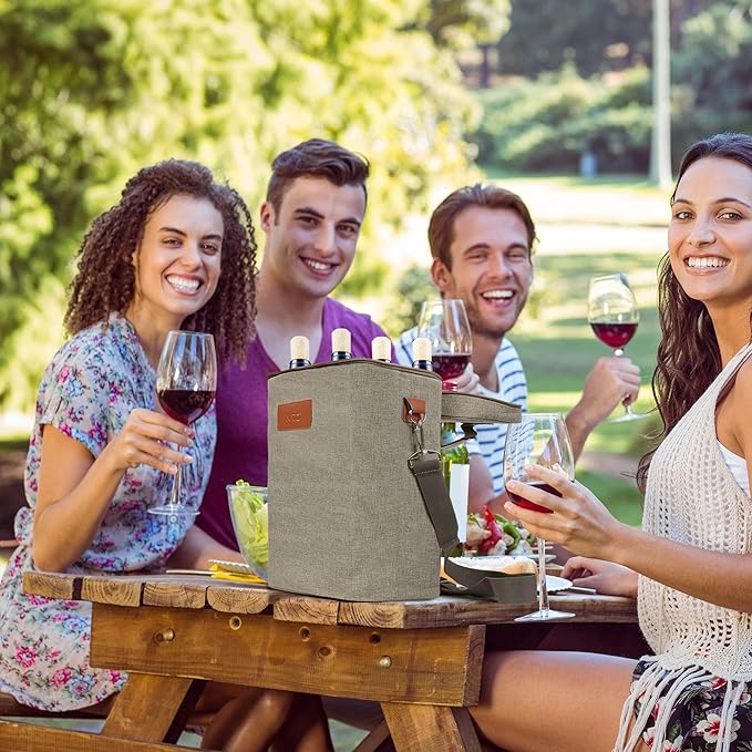 Tirrinia 4 Bottle Wine Gift Carrier - Leakproof & Insulated Padded Portable Wine Carrying Cooler Tote Bag for Travel, BYOB Restaurants, Wine Tasting, Parties, Gift for Wine Lovers, Grey