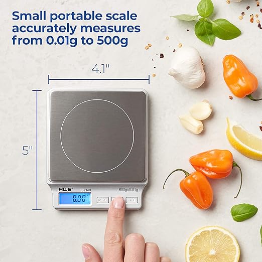 American Weigh Scales SC Series Precision Digital Kitchen Weight Scale, Food Measuring Scale, 2kg x 0.1g (Silver), AMW-SC-2KG (500g x 0.01g)