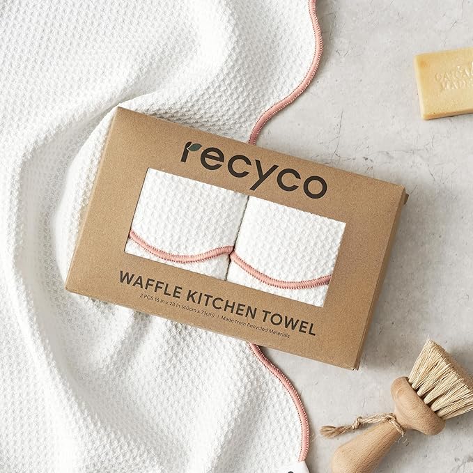 RECYCO Waffle Kitchen Towel Set of 2 - Quick Dry Microfiber Sustainable Dish Towels - Ultra Absorbent Reusable Cleaning Tea Towels - Lightweight Hand Towels,16”x 28”, Coral Pink